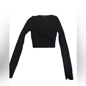 Zara Black Ribbed Corset Crop Top Long Sleeve Bustier Style Size S